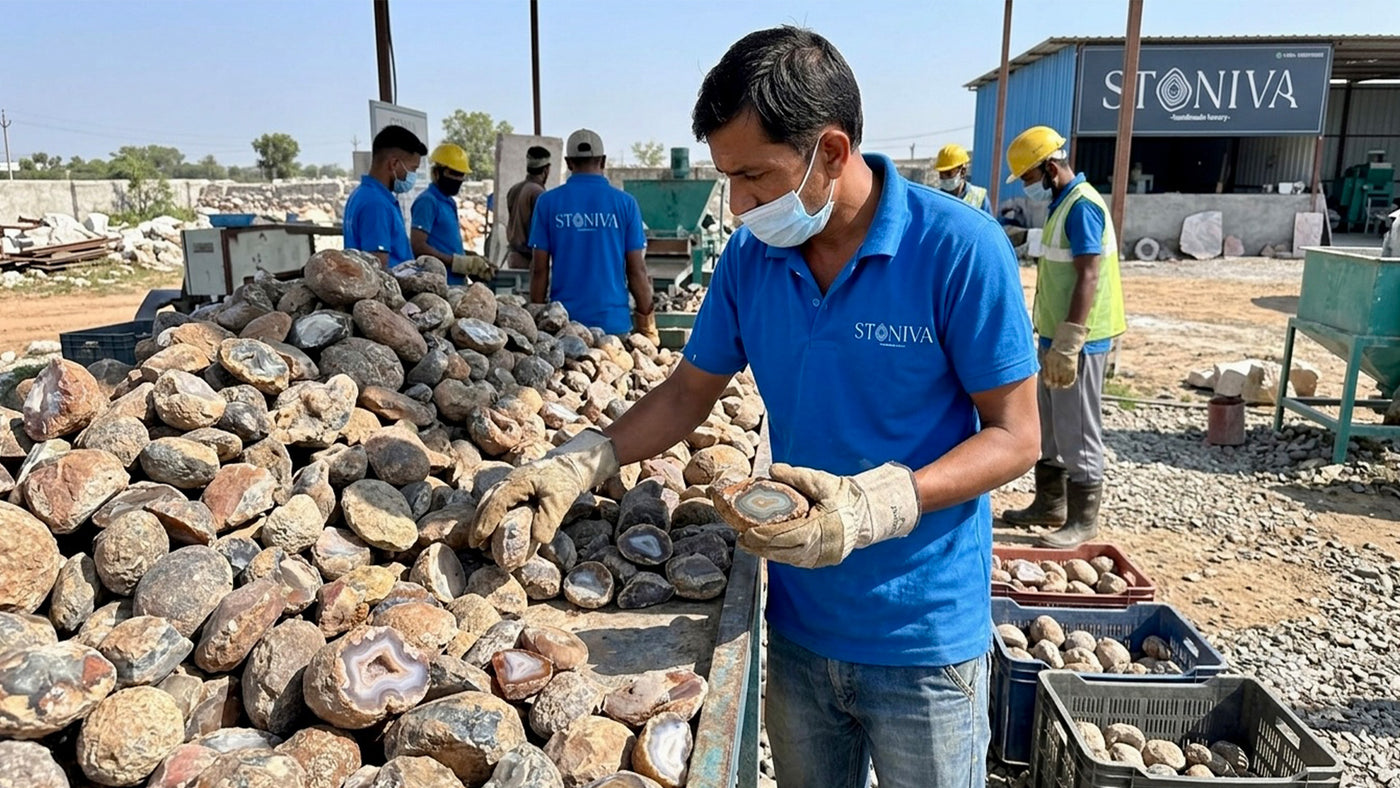 Hand picking raw gemstones